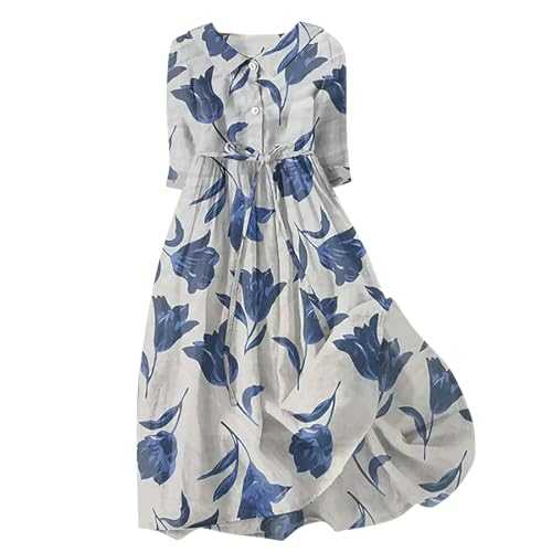 HOOUDO Summer Dresses for Women UK with Belt Midi Sleeve Beach Dresses A-Line Lapel Neck Maxi Dresses Floral Printed Loose Sun Dress Party High Waist Casual Dresses Cotton Button Boho Dresses