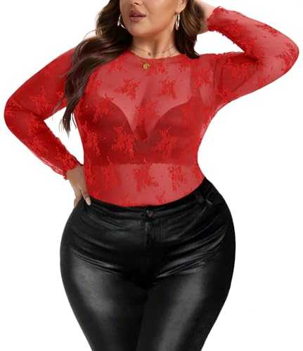 AYIFU Women's Lace Mesh Top Sheer Plus Size See Through Floral Long Sleeve Mock Neck Blouse Tops