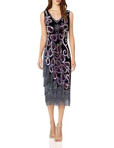 Vijiv Women's Vintage 1920s Style Peacock Sequin Roaring 20s Gatsby Party Flapper Dress