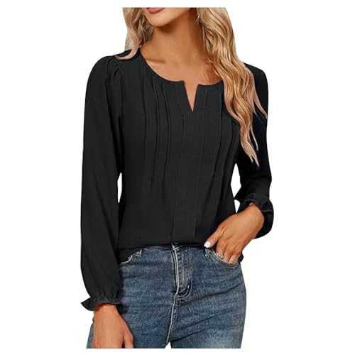 AMhomely Office Blouse for Women UK Elegant Long Sleeve Tunic Tops Front Ruched Tee Shirts Plain Casual Pullover Tops Blouse Keyhole Neck Casual Dress Blouse Pleated Basic T Shirts Work