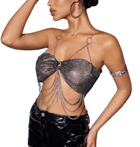 Women's Sparkle Crystal Metallic Crop Top Rhinestone Body Chain Bra Backless Mesh Glitter Halter Vest Sequin See Through Shirt Rave Outfit