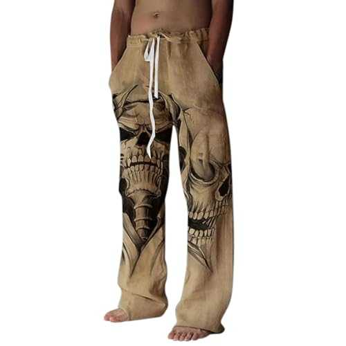 Lounge Pants Mens with Skull Print Straight Leg Lightweight Trousers for Men UK Stretchy Drawstring Waist Tracksuit Bottoms Relaxed-fit Wide Leg Trouser Homewear Loungewear Bottoms
