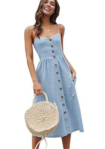 YMING Women's Summer A Line Dresses Sunflower Floral Boho Spaghetti Strap Button Midi Dress with Pockets