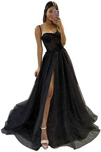 Glitter Tulle Ruffled Prom Dress Long Ball Gown Spaghetti Strap Dresses Formal Appliques Evening with Pockets