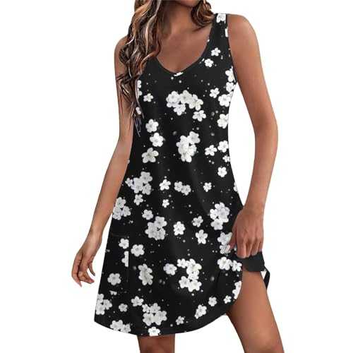 Skang summer dresses for women UK Women's Spring/Summer Flower Printed Casual Tank Top Pockets Beach Casual Dress empire waist dress