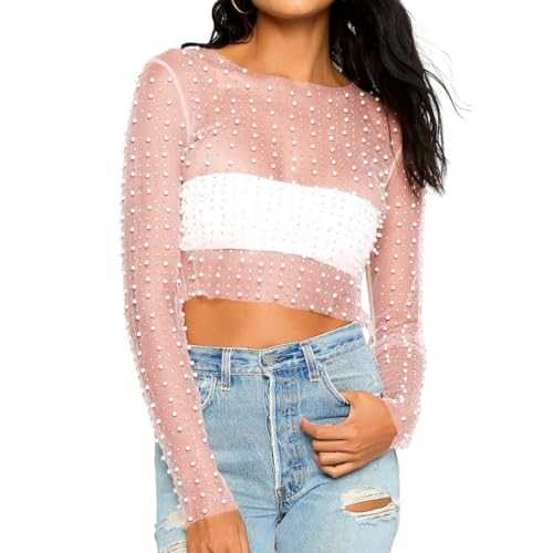 Naileksi Women Pearl Rhinestone Sheer Mesh Crop Top Sexy See Through Long Sleeve Slim Fit Cropped Blouse Shirt Clubwear