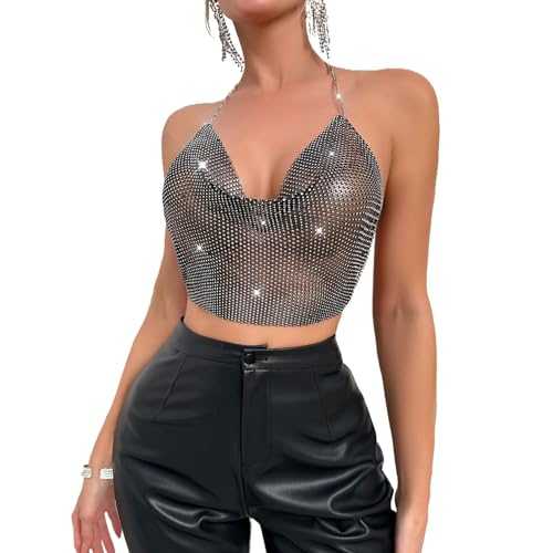 OhMill Sparkly Sequin Tops Halter Neck Tops Backless Tops for Women Rhinestone Top Deep V Neck Sleeveless Halter Top