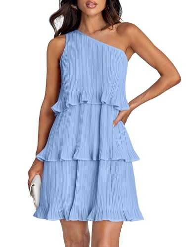 ZESICA Women's 2024 Summer Sleeveless Mini Dress Boho One Shoulder Ruffle Tiered Layered Chiffon Flowy A Line Dresses