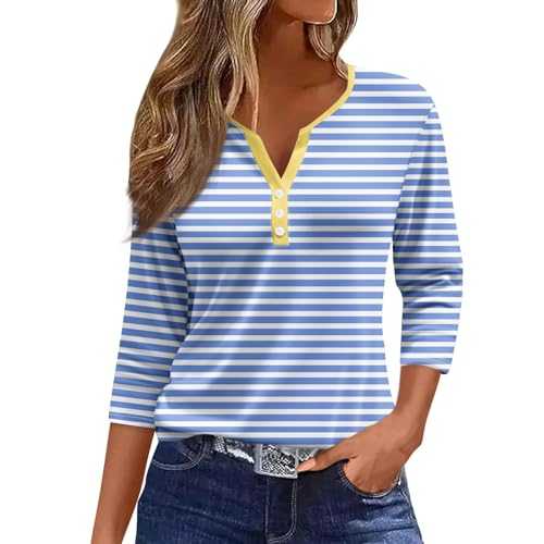Womens 3/4 Sleeve Tops 2024 Summer V Neck Button Down Tshirt Ladies Floral PrintDaily Casual Tunic Blouses