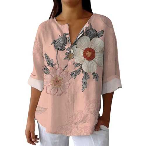 Womens Linen Tops Short Plus Size Spring Blouse Clearance Linen Shirts for Women Summer Cotton Linen V Neck 3/4 Sleeve Top Loose Vacation Beach Solid Blouses Tunic Top