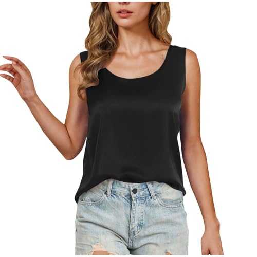 Vest Tops Women UK Satin Silk Crewneck Plain Tank Tops Loose Glossy Smooth Summer Camisole Elegant Undershirt Comfy Sleeveless T Shirt Beach Home Cami Sihrt Underwear Nightshirts