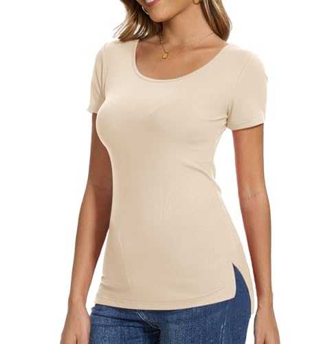 Qukayang Crew Neck Short Sleeve Tshirt for Women Side Slit Long Casual Tunics Fitted Tees Tops Summer 2025