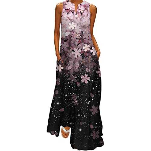 Women 2023 Summer Dress Floral Short Sleeve Long Cotton Casual Sleeveless Print V Neck Loose Boho Beach Long Sunwith Pockets Skater Dresses