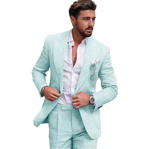 optkeat Mens Linen Suit for Beach Slim Fit 2 Piece Wedding Tuxedo for Men Casual Linen Suit Prom Party Suit