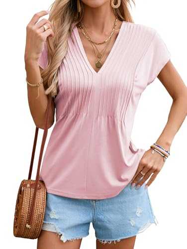 Famulily Women's Short Sleeve T-Shirt Summer Pintuck V Neck Basic Tops Solid Regular Fit Blouse Ladies Pleated Tee S-XXL