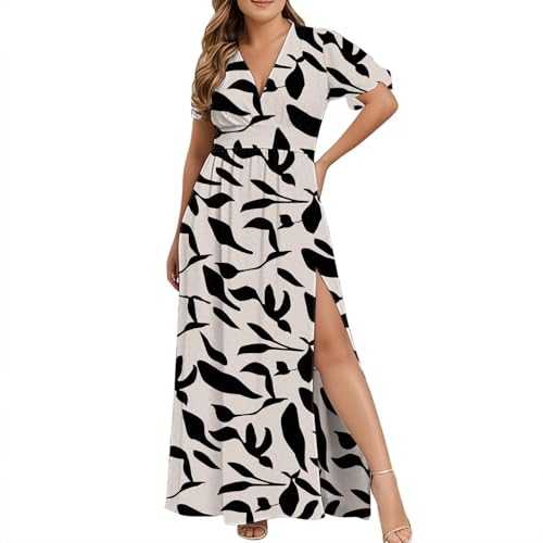 Plus Size Summer Dresses for Women Elegant Trendy Short Sleeve V Neck Maxi Dress Casual Split Long Dress