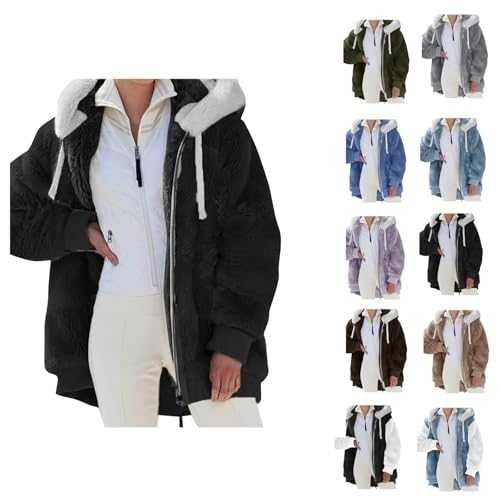 Winter Coats for Women UK Clearance Plus Size Causal Warm Long Sleeve Hooded Jacket Fall Fashion Fuzzy Fleece Outwear Full Zip Up Sherpa Cardigan Soft Comfy Tops