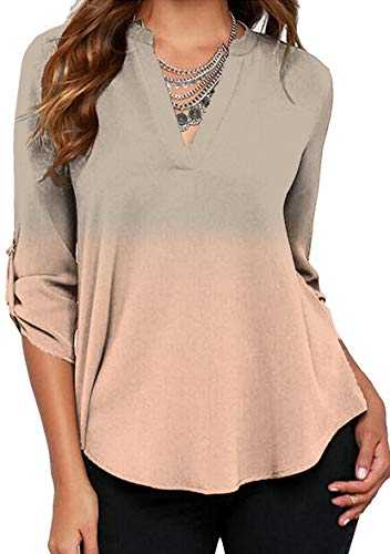 YMING Women's Chiffon Blouse Half Cuffed Sleeve Shirt V-Neck Top Soild Color Tops XS-XXXL