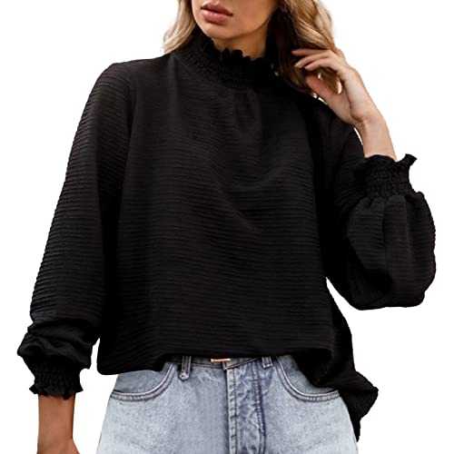 Women's Solid Ruffle Hem Mock Collar Puff Sleeve Mesh Shirt Blouse