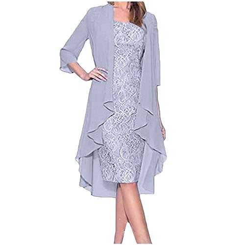 Dresses for Women UK Mother of The Bride Outfits Solid Evening Dresses for Women UK 3/4 Sleeve Chiffon Lace Dress Fake Two-Piece Set Ladies Dress Elegant Plus Size Dress Tunic Dress Cocktail Dreses