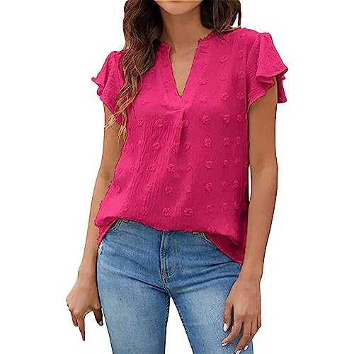 Womens Chiffon Blouses Ruffle Short Sleeve V Neck Shirts Summer Casual Polka Dot Tops Ladies Elegant Blouse Tunics Comfy Work T-Shirt UK Clearance