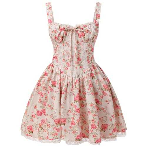 OBEEII Women's Floral Corset Mini Dress Square Neck Sleeveless Spaghetti Strap Summer Boho Sundress Floral Print Lace Up Fitted Dress