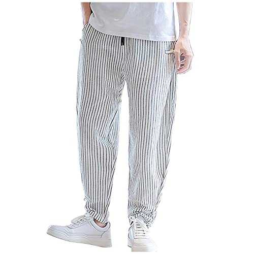 Cotton Linen Pants for Men Cuffed Joggers Striped Drawstring Elastic Waist Casual Jogger Yoga Trousers Trendy Beach Pull On Trousers Work Pants