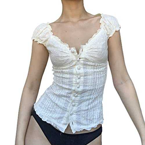Women Fairy Grunge Shirts Y2k Puff Short Sleeve Ruffle Hem Peplum Blouse Top Vintage Lace Babydoll Shirt Streetwear