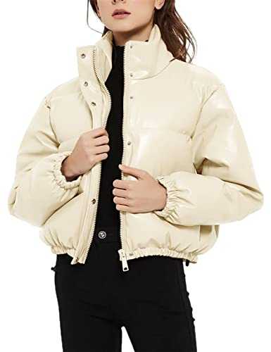 Ailoqing Womens Faux Leather Puffer Jacket Long Sleeve Crop Winter Bubble Coat