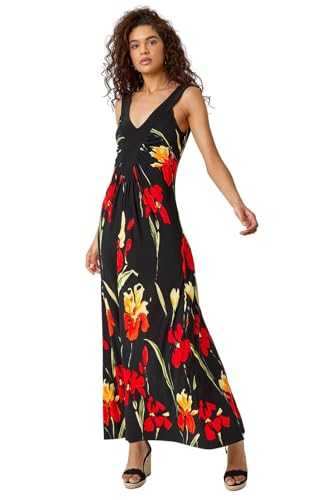 Roman Originals Women Floral Contrast Band Maxi Dress - Ladies Summer Holiday Evening Dinner Everyday Daywear Casual Stretch Jersey Sleeveless V Neck Floor Length Dress - Black - Size 18