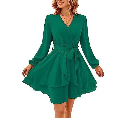 TcIFE Women's Casual Dress Deep V Neck Long Sleeve Waist Tie Irregular Ruffle Chiffon Elegant Mini Short Swing Skater Dresse