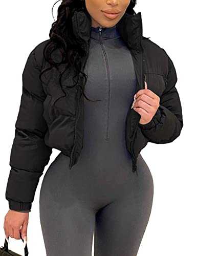 Flygo Women Cropped Quilted Puffer Jacket Winter Fashion Long Sleeve Bubble Short Down Coat