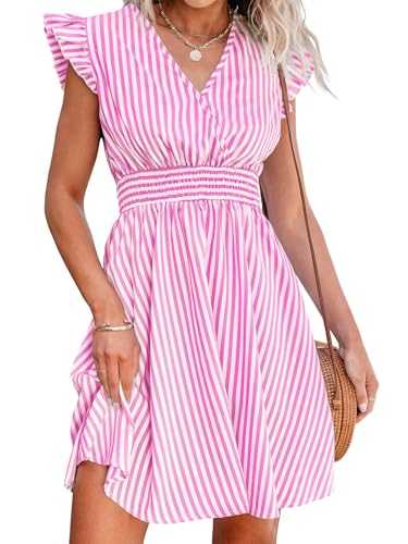 CUPSHE Women's Mini Dress Striped V Neck Flutter Sleeve Smocked Waist A Line Casual Summer Dresses