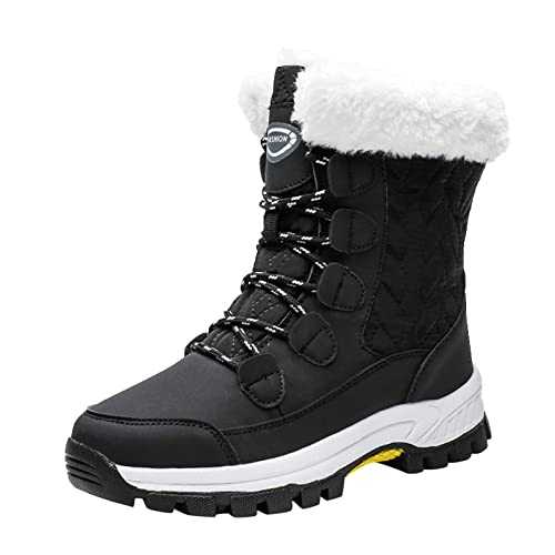 DGHM Winter Boots Womens Waterproof Snow Boots Fur Lined Outdoor Warm Ankle Boots Non Slip Short Walking Boots Mid Calf Shoes Flat Plus Velvet Lace-Up Boots