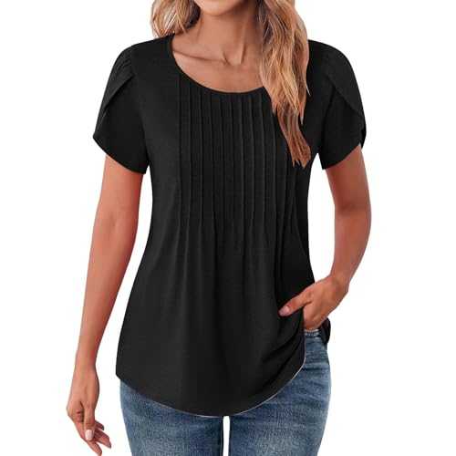 Women Tops Petal Sleeve Crewneck Dressy Casual Pleated Tunic Tops Summer Loose Solid T Shirts for Women