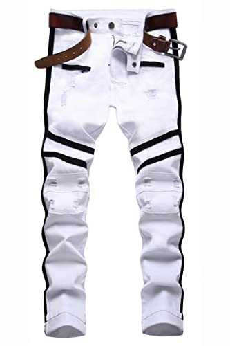 Men's Navy Sailor Style Ripped Skinny Straight Slim Fit Stretch Jeans Pants