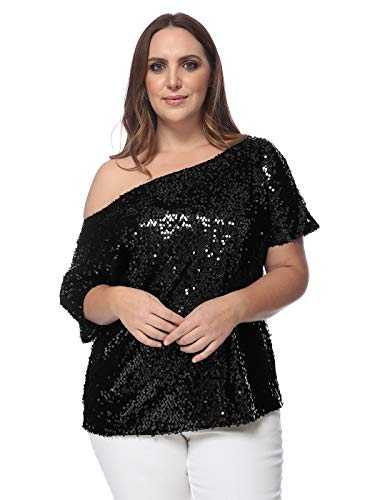 Anna-Kaci Women's Plus Size Sequin Sexy One Shoulder Short Sleeve Party Club Top