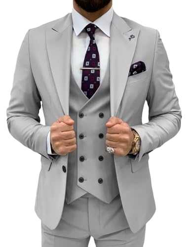 TIJOFA Double Breasted 3 Pieces Suit Men Slim Fit Classic One Button Jacket Blazer Vest Pants Set Formal Wedding Tuxedo