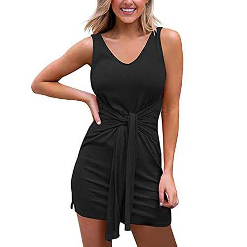 AMDOLE Dress Women Women's Casual V Neck Belt Ribbed Sundress Solid Color Short Belted Waist Dress Sleeveless Casual Dress