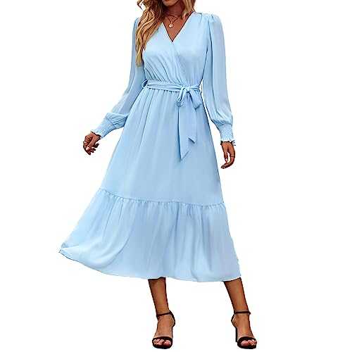 OUSIMEN Women's 2024 Boho Dress Long Sleeve Casual Elegant Wrap V Neck Ruffle Belted A-Line Flowy Midi Dresses