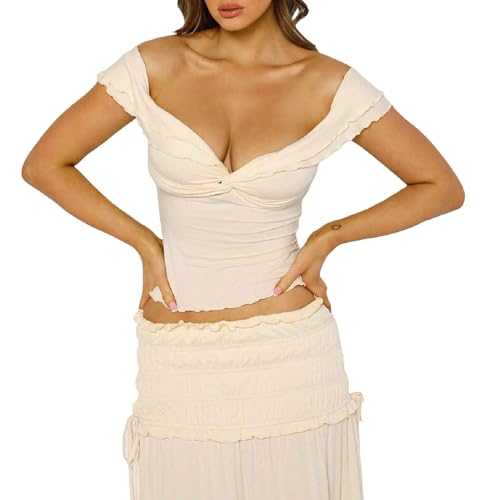 Women Y2k Fairy Crop Top Ruffle Short Sleeve Off Shoulder Blouse Shirt Aesthetic Slim Fit T-Shirt Cute Babydoll Top Tee
