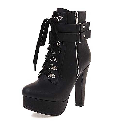 Onewus Fashion Women Lace-up Platform Boots High Block Heel Ankle Booties