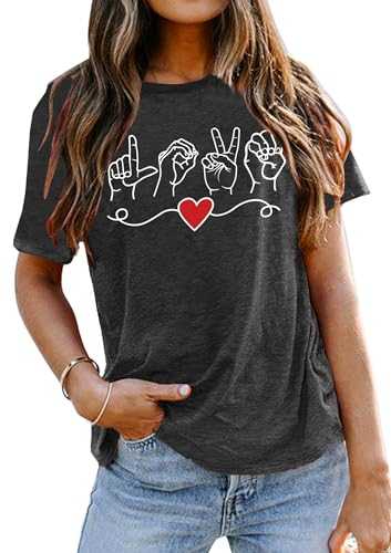VVNTY Valentines Shirts Women Love Sign Tops Hand Language Graphic Tee