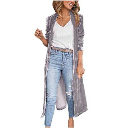 AMhomely Womens Velour Cardigan Long Ladies Cardigan In Colour Velvet Long Sleeve Open Front Jacket Elegant Party Casual Lapel Collar Jacket Drape Outdoor Trench Maxi Coat Clearance