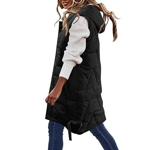 Puffer Gilet for Women UK Longline Zip Up Quilted Vest Coat Sleeveless Padded Body-Warmer Coat Winter Puffy Jacket Solid Quilted Long Coat Lightweight Knee Length Waistcoats