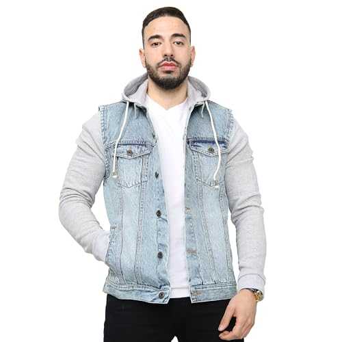 NOROZE Men's the Trucker Denim Long Fleece Sleeves Jacket Detachable Hood | Washed Denim Fleece Hoodie Western Style Jean Coat UK Sizes S-XXL