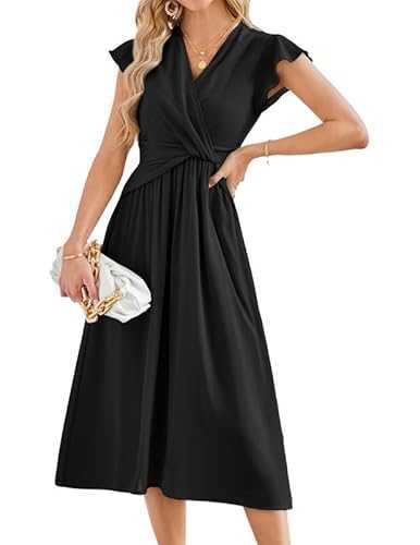 JASAMBAC Women’s Chiffon Dresses Ruffle Flutter Sleeves Summer Dress Ruched Wrap A-Line Midi Dress Wedding Guest Dress Flowy Dreess