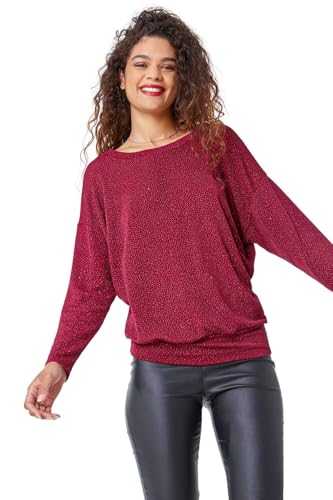 Roman Originals Stretch Glitter Blouson Top for Women UK - Ladies Autumn Everyday Winter Holiday Round Neckline Comfy Long Sleeve Soft Tee Jersey Shirts
