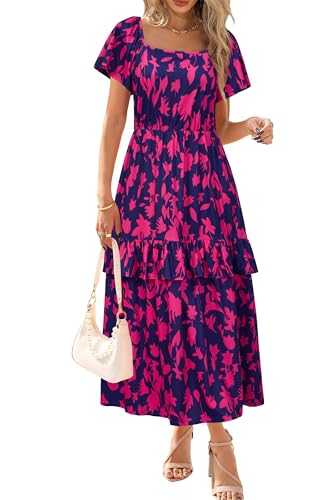STYLEWORD Women's 2025 Summer Dress Short Sleeve Maxi Square Neck Vacation Outfits Dresses