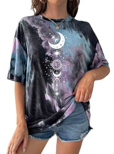 Remidoo Women's Casual Crewneck Short Sleeve Sun and Moon Print Tie Dye Oversized Graphic Top T-Shirt
